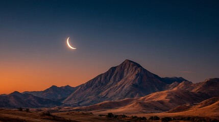 Evening Mountain Silhouette with Lunar Crescent