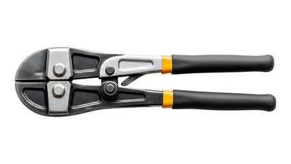 Heavy duty bolt cutters with black handles and yellow accents on a white background for cutting metal chains and locks effectively