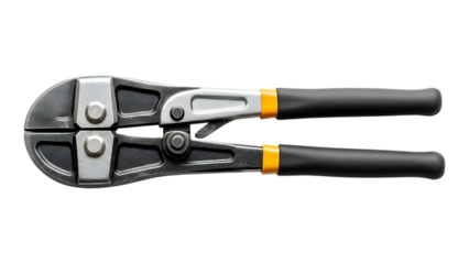 Heavy duty bolt cutters with black handles and yellow accents on a white background for cutting metal chains and locks effectively