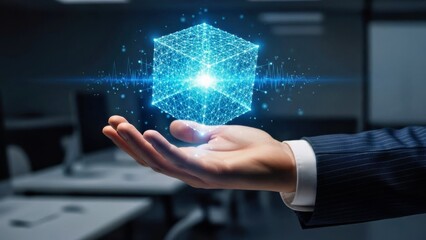  Cybernetic Data Cube Displayed Over Hand in Corporate Office Setting.jpg