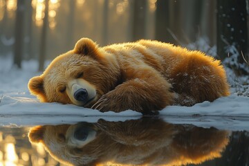 Bear resting in snow near puddles in a tranquil forest during wintertime