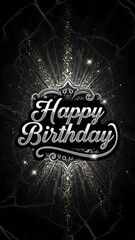 Vibrant Abstract Kirakira Glitter Gothic Birthday Artwork with Luxurious Dark Background, Romantic Dandyism Theme, Metallic Cursive Happy Birthday Typography and Elegant Sparkling Celebration Design