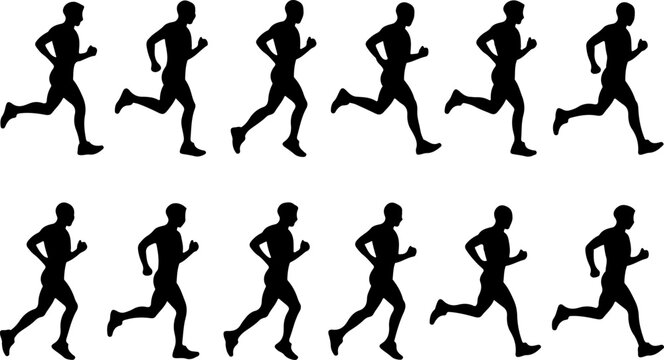 Runner Motion Sequence Vector, 12 Step Gait Cycle Silhouettes for Animation Reference and Sports Science Analysis