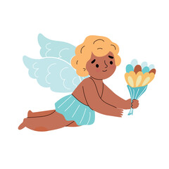 Cute little cupid with blonde hair and blue wings flying and holding a bouquet of flowers