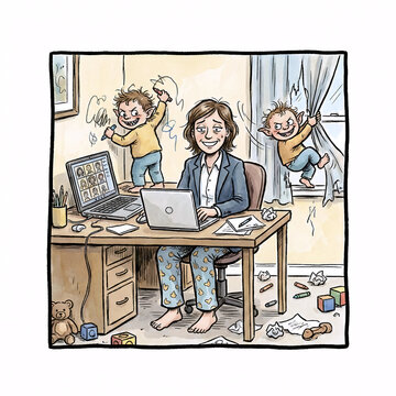 Work from home chaos concept with mother trying to work on laptop while naughty children destroy the room behind her
