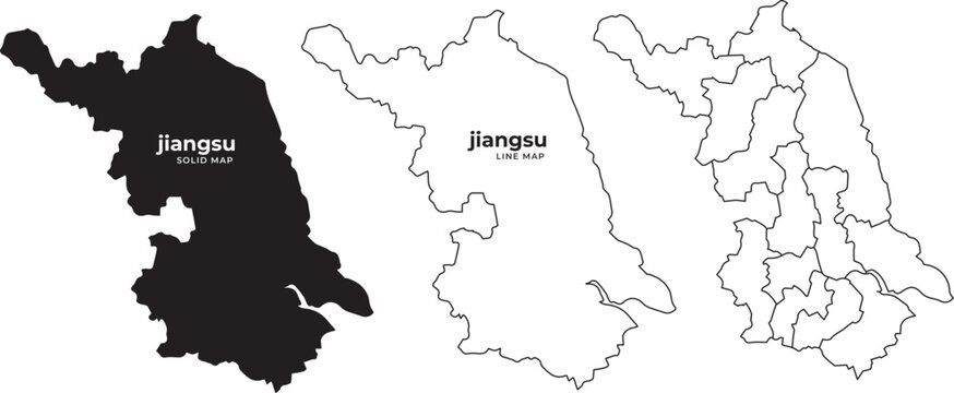 Vector maps of jiangsu province in china black filled line and outline styles for geography and travel purposes