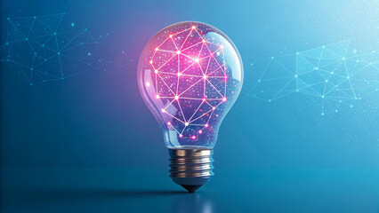 Glowing Light Bulb with Pink Network Connections on Blue Background