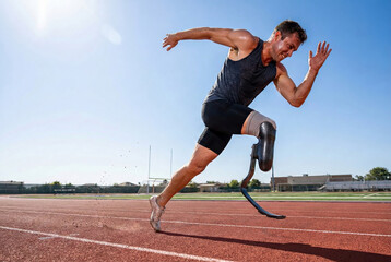 Athlete with prosthetic leg running on track with determination and strength in bright sunlight