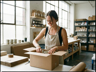 Woman packing cardboard box in a well-lit workshop with shelves and natural light