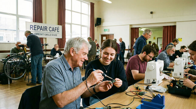 Community members gather at a repair cafe, fixing various items together at a table, focused on sustainability and social connection.