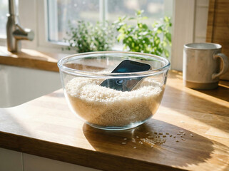 A bowl of rice on a wooden countertop near a window with natural light and a plant in the background