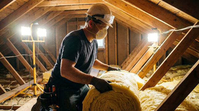 Man installing insulation in an attic with wooden beams and bright lighting from multiple angles