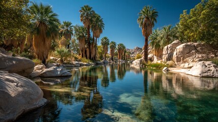Serene Oasis Reflection Under Blue Sky