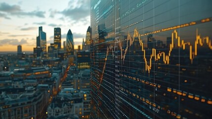 Cityscape with data overlay, sunrise hues