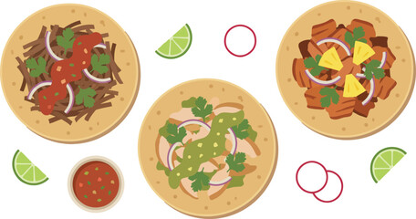 Mexican street food tacos set featuring al pastor with pineapple beef barbacoa with red salsa and chicken with green salsa verde for tasty latin cuisine dinner with fresh lime and radish. © VectaNoor