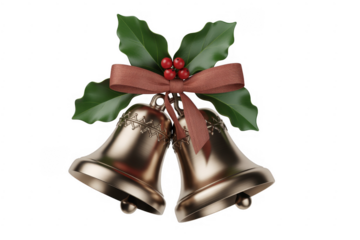 Christmas bells with holly and ribbon on black festive isolated on a transparent background