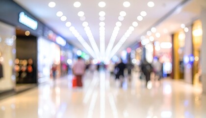 Blurry scene of a bustling shopping mall with bright lights and many people in motion