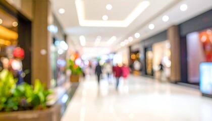 Obraz premium A blurred view of a busy shopping mall with people and vibrant decorations in the background
