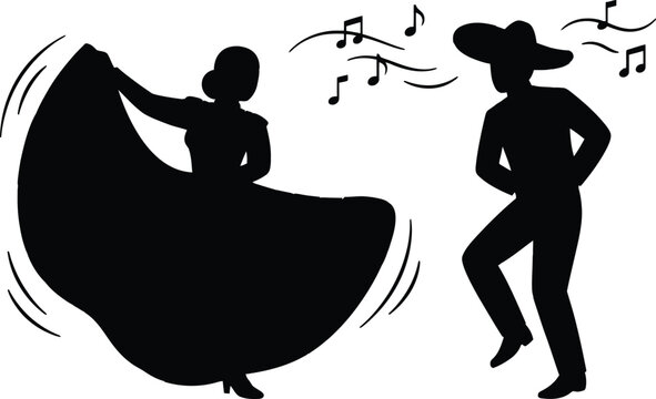 Traditional Mexican folk dance couple silhouette performing with sombrero and swirling skirt for Cinco de Mayo fiesta celebration culture event and musical party decoration design icon.