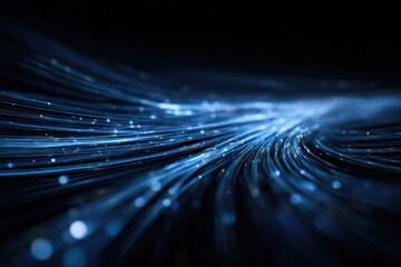 Blue Fiber Optic Light Trails: Abstract Tech Background with Dynamic Waves and Glowing Dots