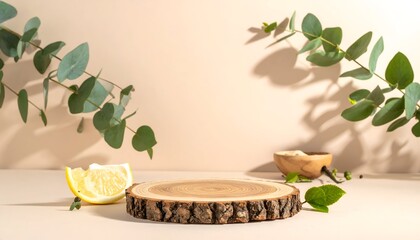 A wooden slice on a light background surrounded by lemon and eucalyptus leaves, creating a calm, natural setting