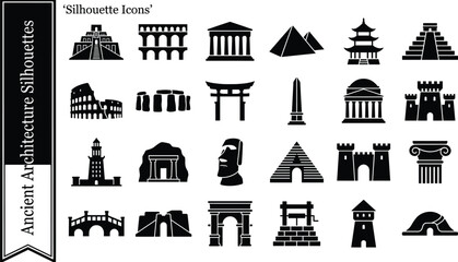 Ancient Architecture Silhouette Vector Set - Pyramids, Colosseum, Temples, and Historic Landmark Icons  © ArtMint