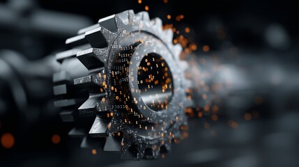 Metallic gear merges with flowing binary code and glowing particles. This composition symbolizes smart manufacturing and Industry 4.0. Mechanical systems fuse with data-driven automation.