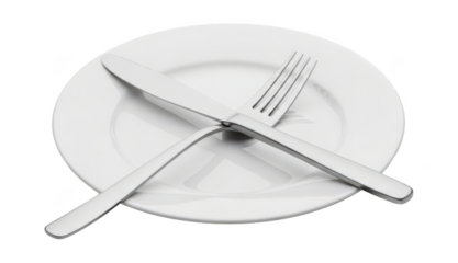 Shiny cutlery set with fork and knife crossed over clean white porcelain plate on transparent background