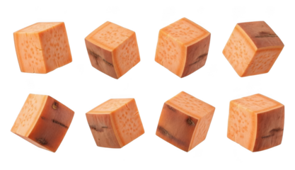 Eight sweet potato cubes cut prepared for cooking healthy root vegetable ingredient isolated on transparent background png
