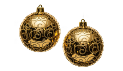 Two elegant golden christmas tree balls with glittery swirl patterns on transparent background