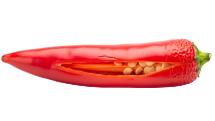 Detailed view of a vibrant red chili pepper sliced lengthwise revealing the inner flesh and numerous pale seeds isolated against a stark black background for culinary use