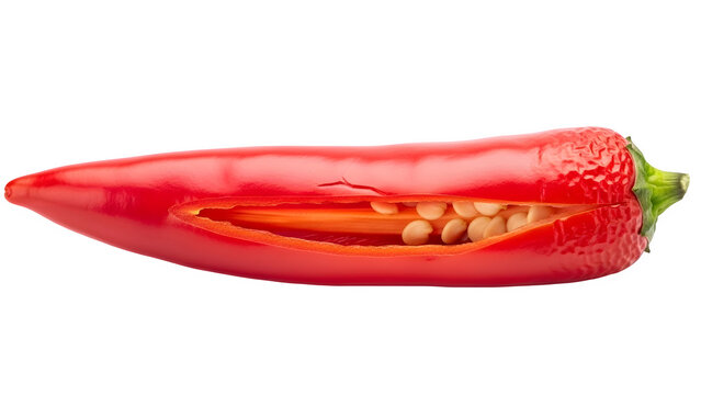 Detailed view of a vibrant red chili pepper sliced lengthwise revealing the inner flesh and numerous pale seeds isolated against a stark black background for culinary use
