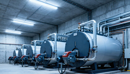 A modern gas boiler room interior in light tones with diagonal cylindrical boilers, steel pipes, and pumps for industrial facility design and corporate advertising