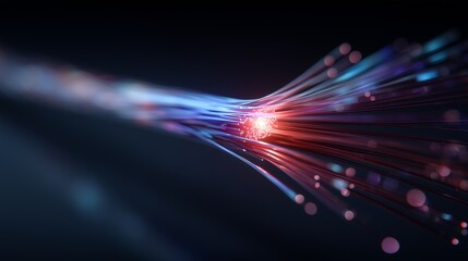 Glowing fiber optic strands converge toward central light burst representing high-speed data transmission, digital infrastructure bandwidth, signal routing, and next-gen telecommunications