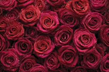 Close-Up Of Red Roses With Sparkling Dew Drops: Dense Velvet Blooms For Romance, Weddings, And Luxury Gift Imagery