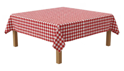 Wooden table covered with red and white checkered tablecloth isolated on transparent background layer