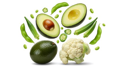 Fresh vegetables and fruits arrangement with avocado okra cauliflower