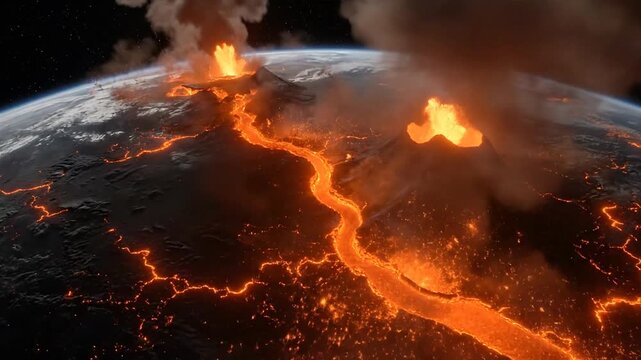 A burning planet earth from space with lava flows and volcanic eruptions visible on its surface