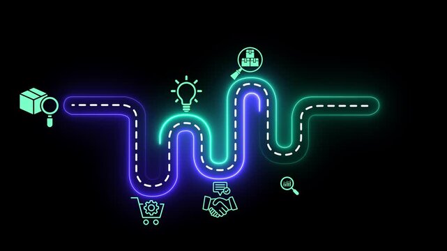 New product development and project roadmap idea on the transparent background. New product development roadmap icons, ideation, development and launching process. Motion graphics of product launching