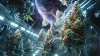A futuristic vision of cannabis cultivation in space, with glowing buds set against a backdrop of a distant planet