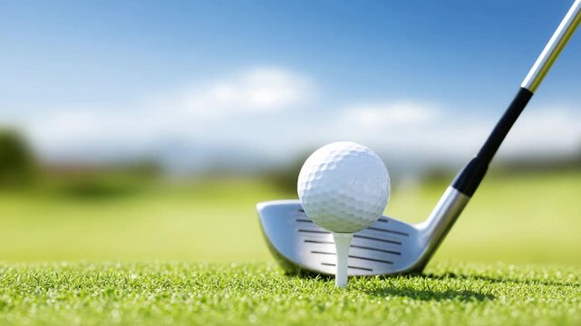 Golf ball on tee ready for swing at a green golf course in bright daylight