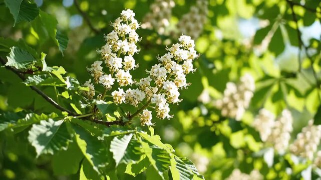 Lush Green Horse Chestnut Tree Branches with White Blossoms in Spring Sunlight.