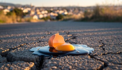 Broken raw egg with bright orange yolk and shell lying on cracked dry earth in rural landscape under soft light