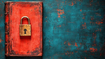 Closed book with lock on colorful blue surface