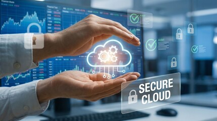 A person protecting a secure cloud for the concept of data security and technology
