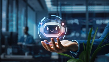 Human hand holding glowing digital chatbot icon in modern office setting representing artificial intelligence support