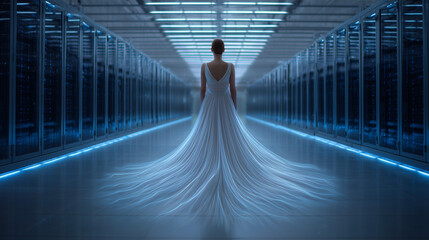 Data-Walker in Flowing Fractal Light Dress Connected to Server Hall Floor by Coherent Energy Strands, Endless Blue Server Rack Background.