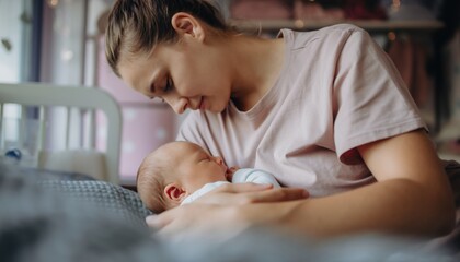 Young mother holding sleeping newborn baby close while sitting in nursery room with soft lighting and gentle atmosphere