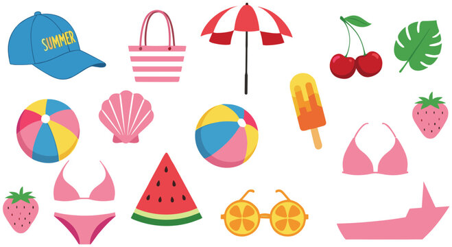 Set of colorful summer vacation icons including beach accessories, fruits, swimwear, and tropical elements for seasonal vector designs