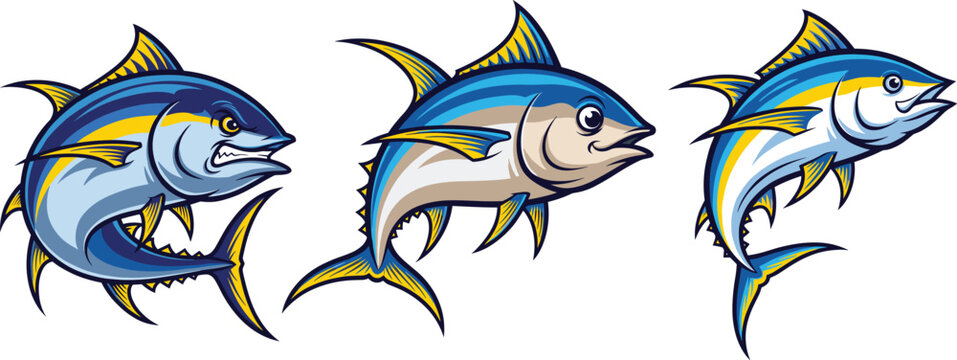 Set of dynamic cartoon tuna fish illustrations in different swimming poses for seafood branding, fishing logos, and marine vector designs